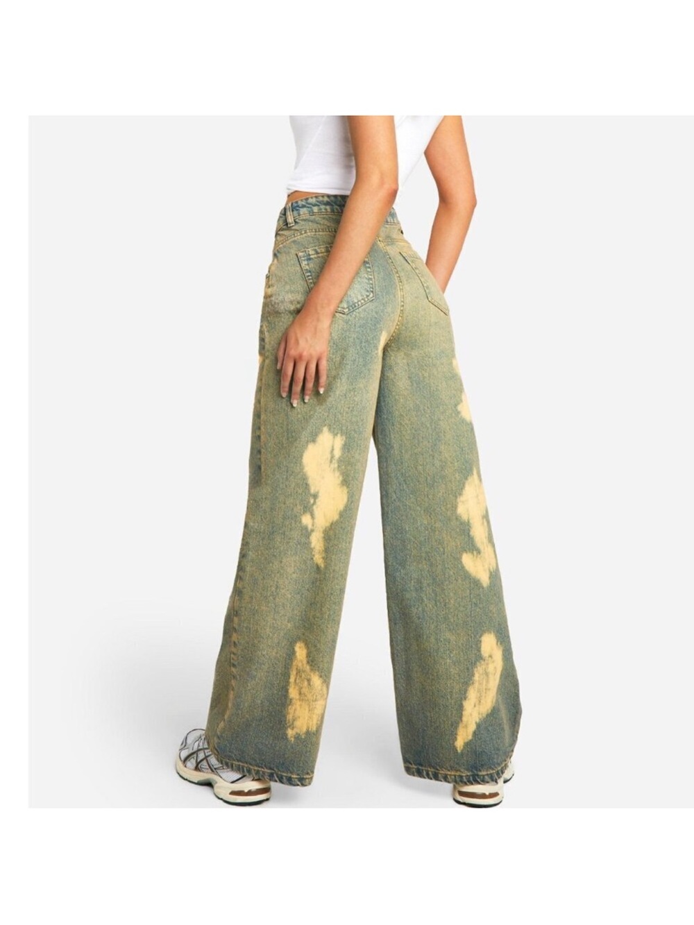 Boohoo Green Bleach-Splatter Wide Leg Jeans